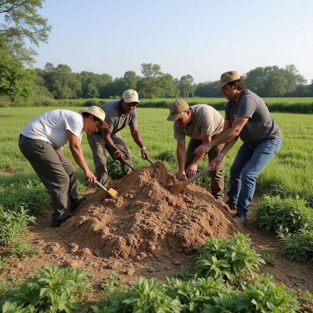 Four people in hats shovel soil in a field.