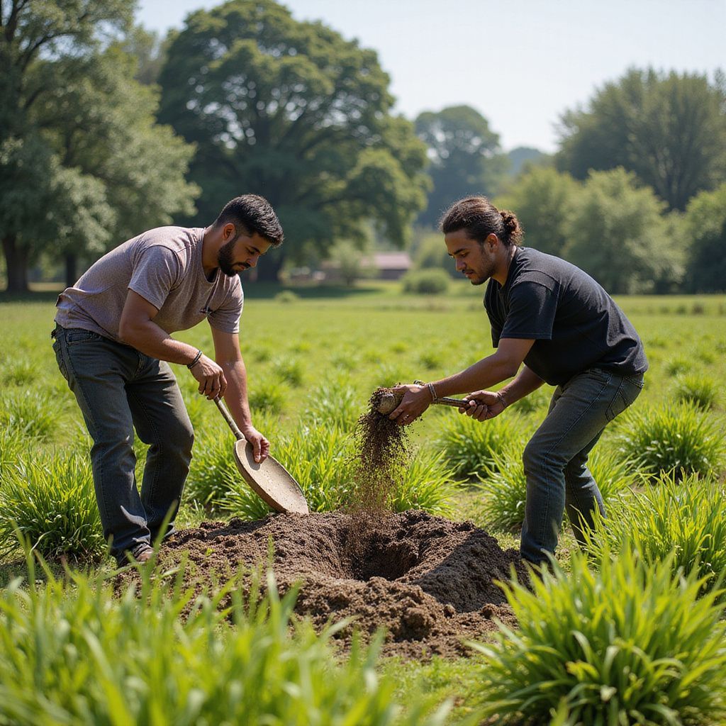 Two men planting in a field, using a shovel and their hands. Sunny day.