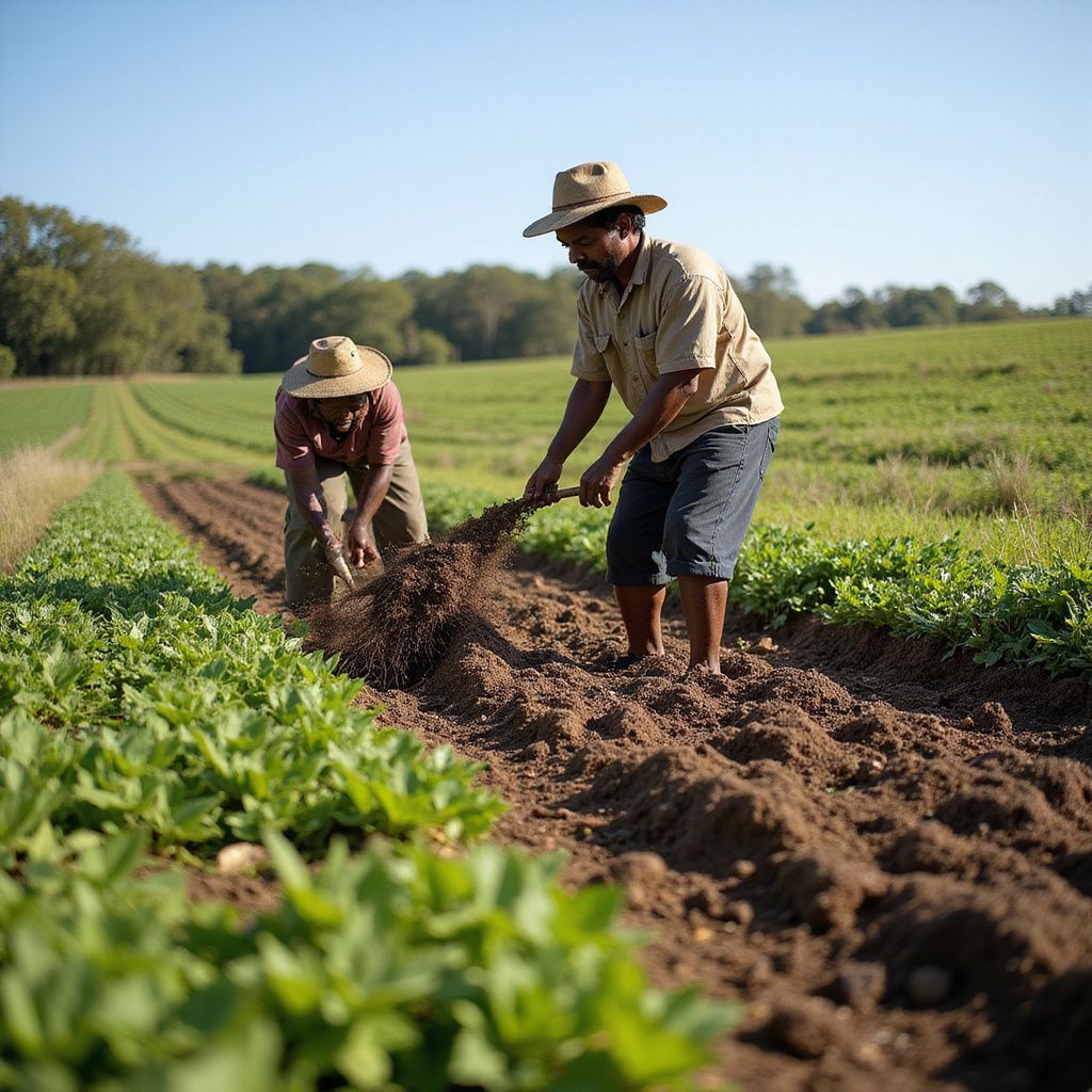 Two people in hats farming, digging in a field.