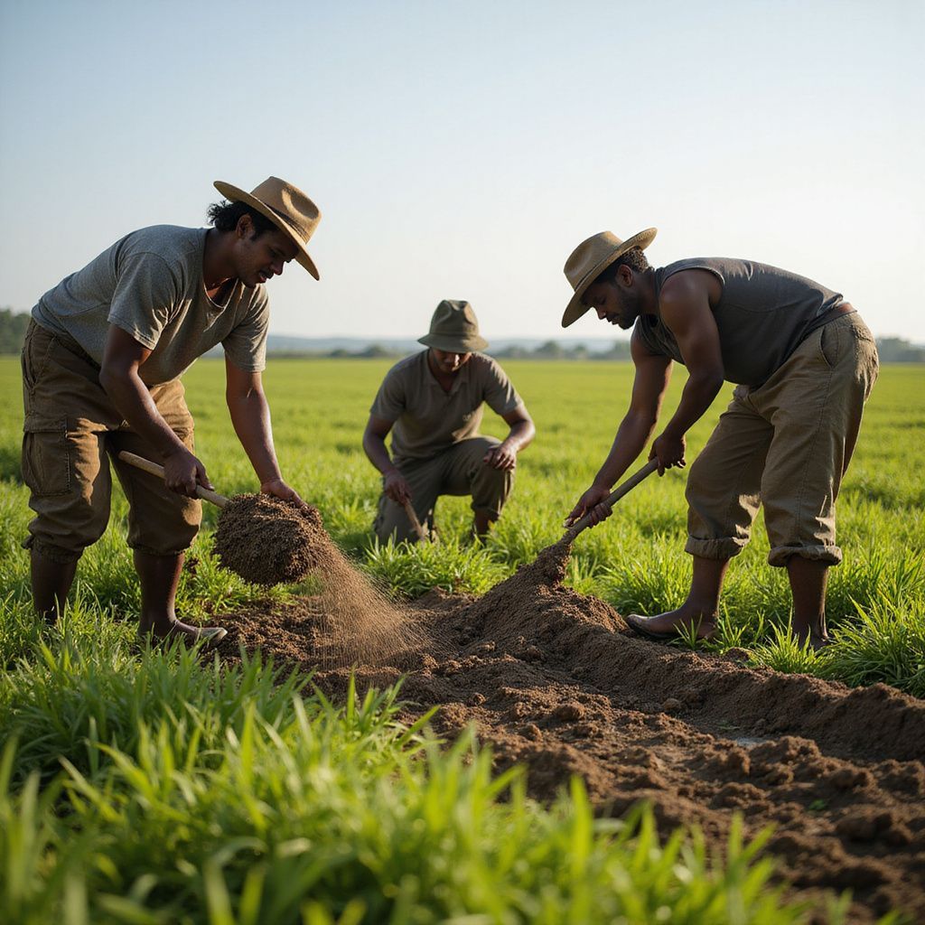 Three farmers in hats are tilling soil in a field.