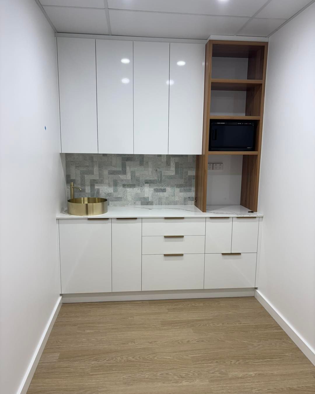 White and Wood-toned Cabinets in a Small Area — Brayden Stewart Building In Tuncurry, NSW