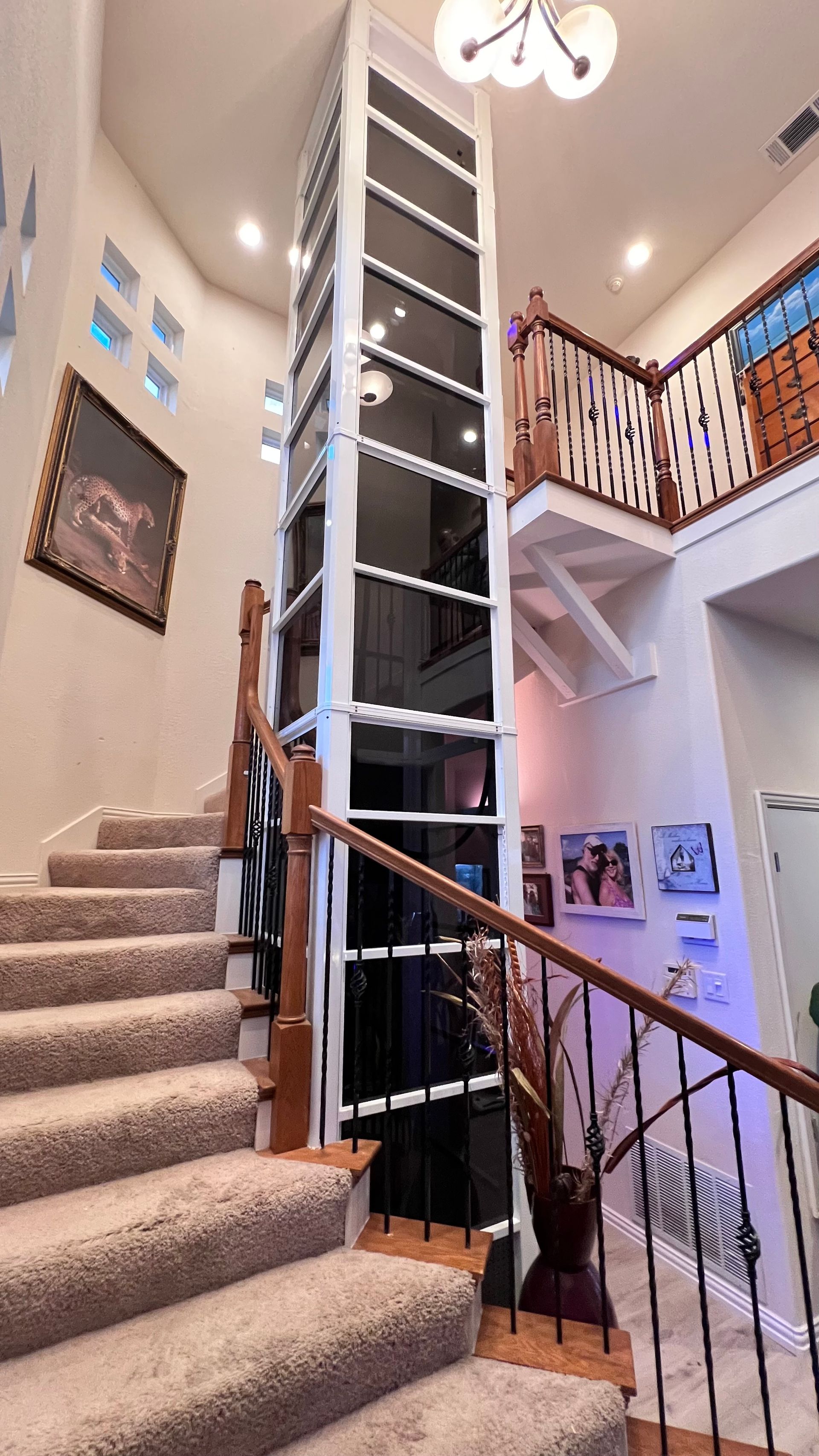 A modern living room features a two-story residential elevator, a mezzanine level, grey furniture, and indoor plants.