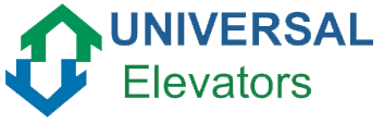 Logo for Universal Elevators featuring a green upward arrow and blue downward arrow forming a square shape.