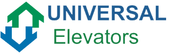 Logo for Universal Elevators featuring an upward green arrow and a downward blue arrow next to the company name.