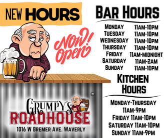A sign for grumpy 's roadhouse shows the new hours and bar hours