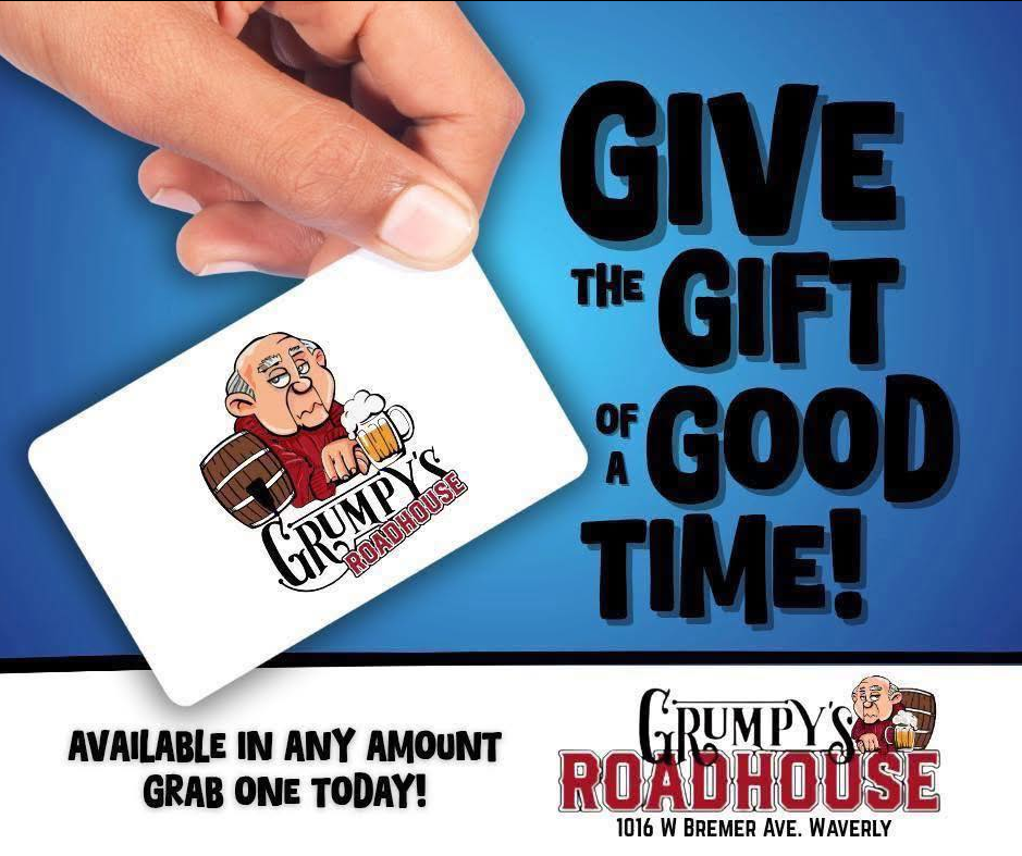 Hand holding a Grumpy's Roadhouse gift card. Text: 