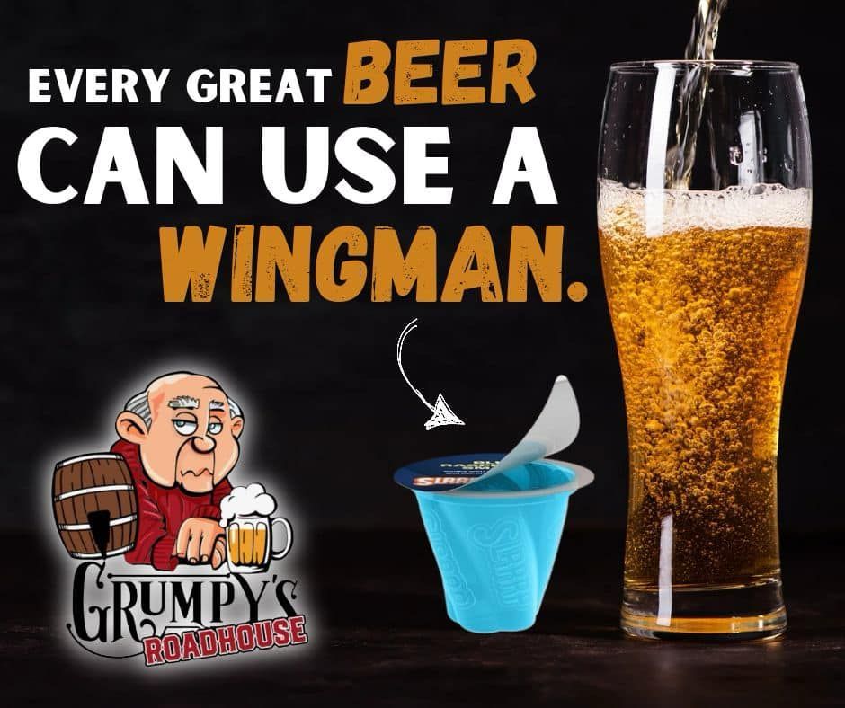An advertisement for grumpy 's homehouse that says every great beer can use a wingman