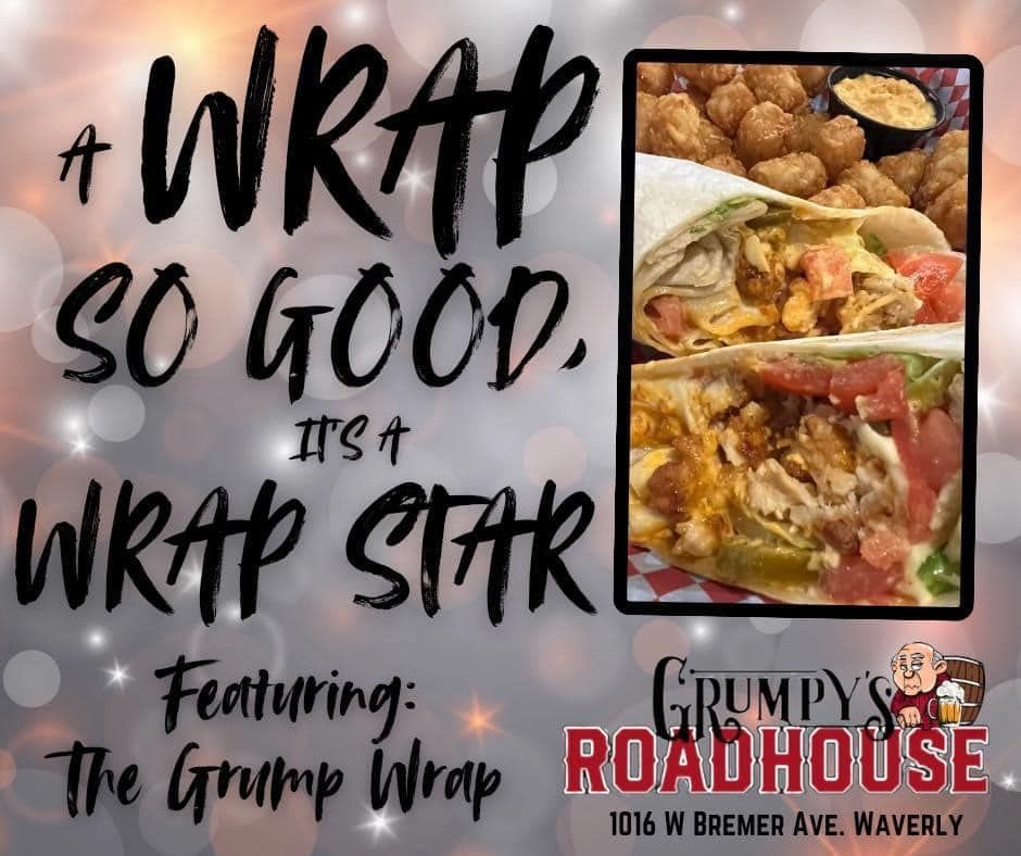 An advertisement for grumpy 's roadhouse featuring a wrap star