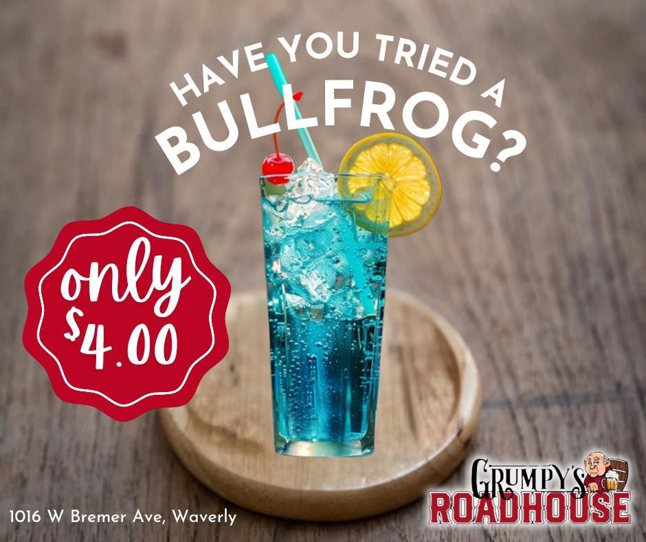 An advertisement for grumpy 's roadhouse shows a blue drink