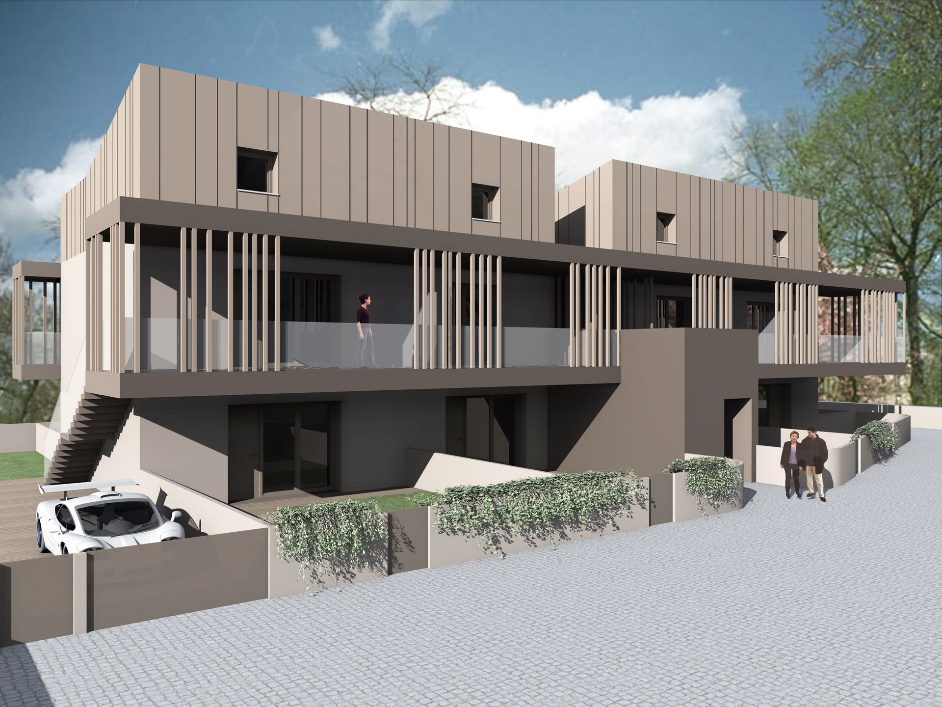 Moderno edificio multifamiliare con balconi e inserti verticali in legno.