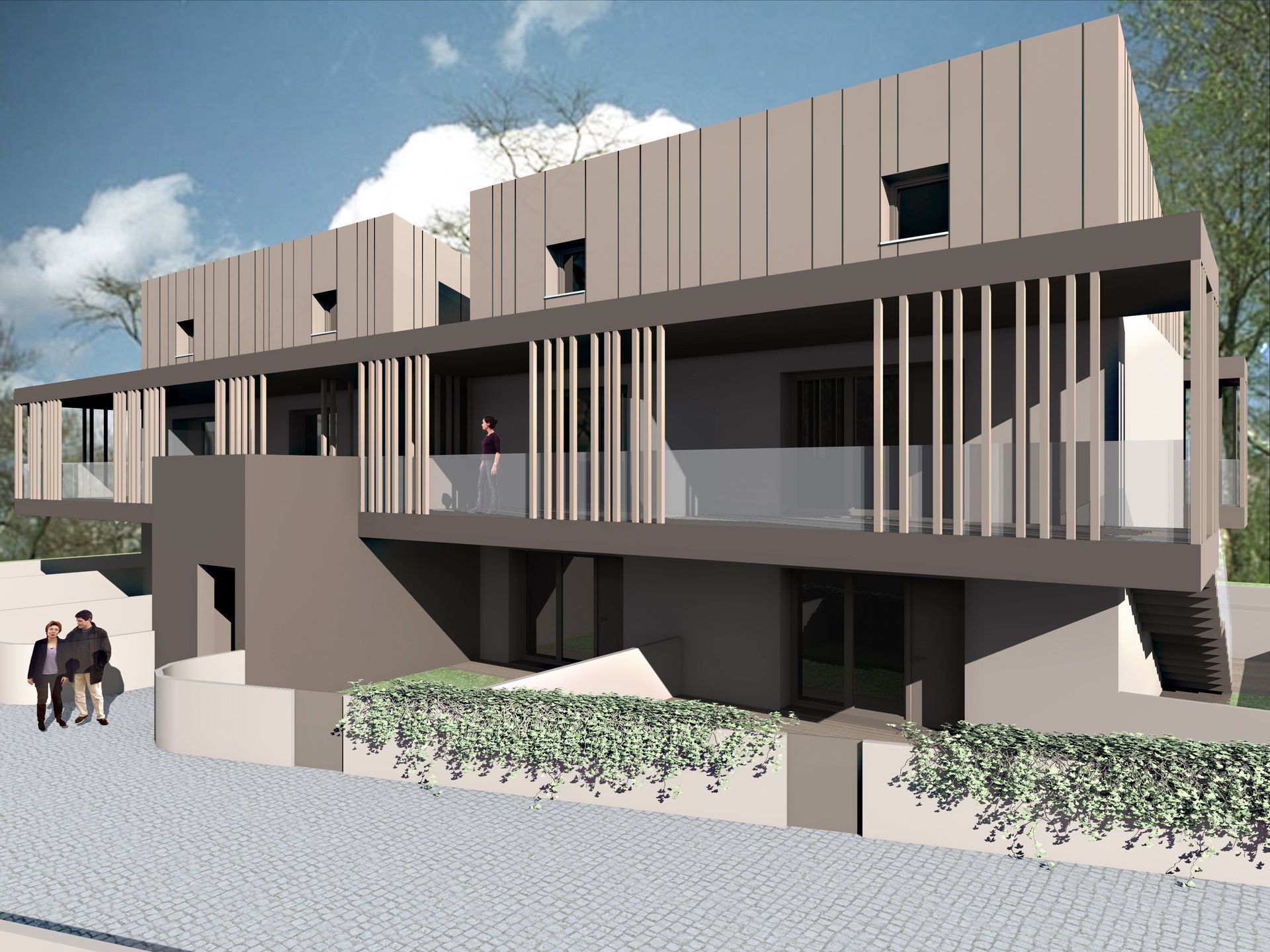 Rendering di un edificio moderno con balconi, facciata grigia e beige. 