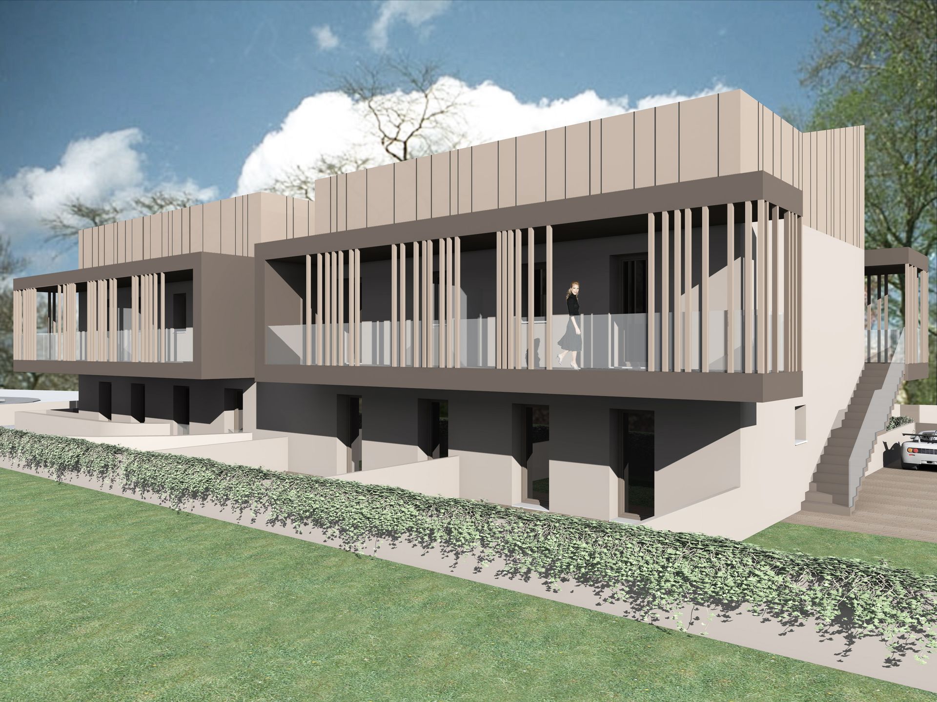 Rendering di un moderno edificio a due piani con dettagli in legno, balconi e scale esterne.
