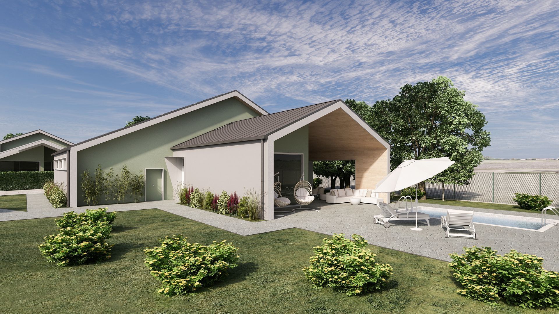 Casa moderna con piscina e patio. Esterno verde con posti a sedere e sedie a sdraio.