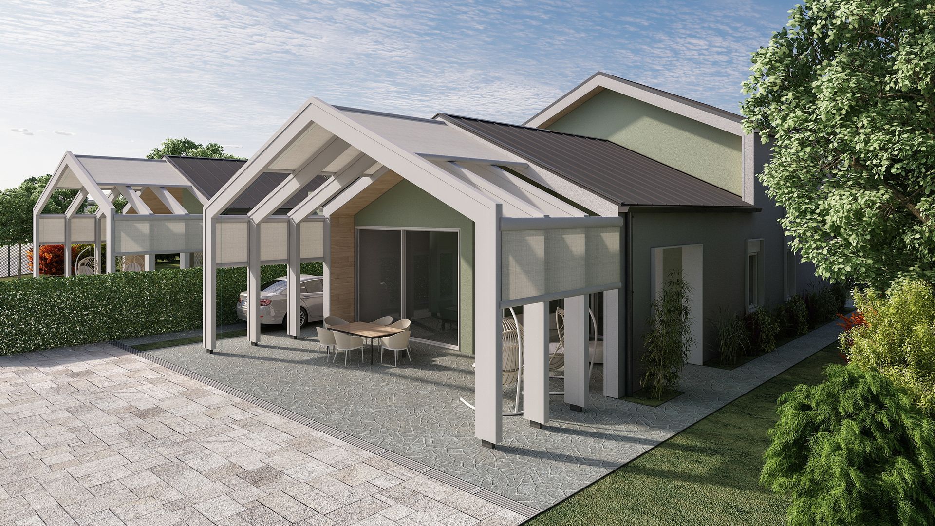 Moderna casa verde chiaro con posto auto coperto, mobili da giardino e vialetto di ghiaia.