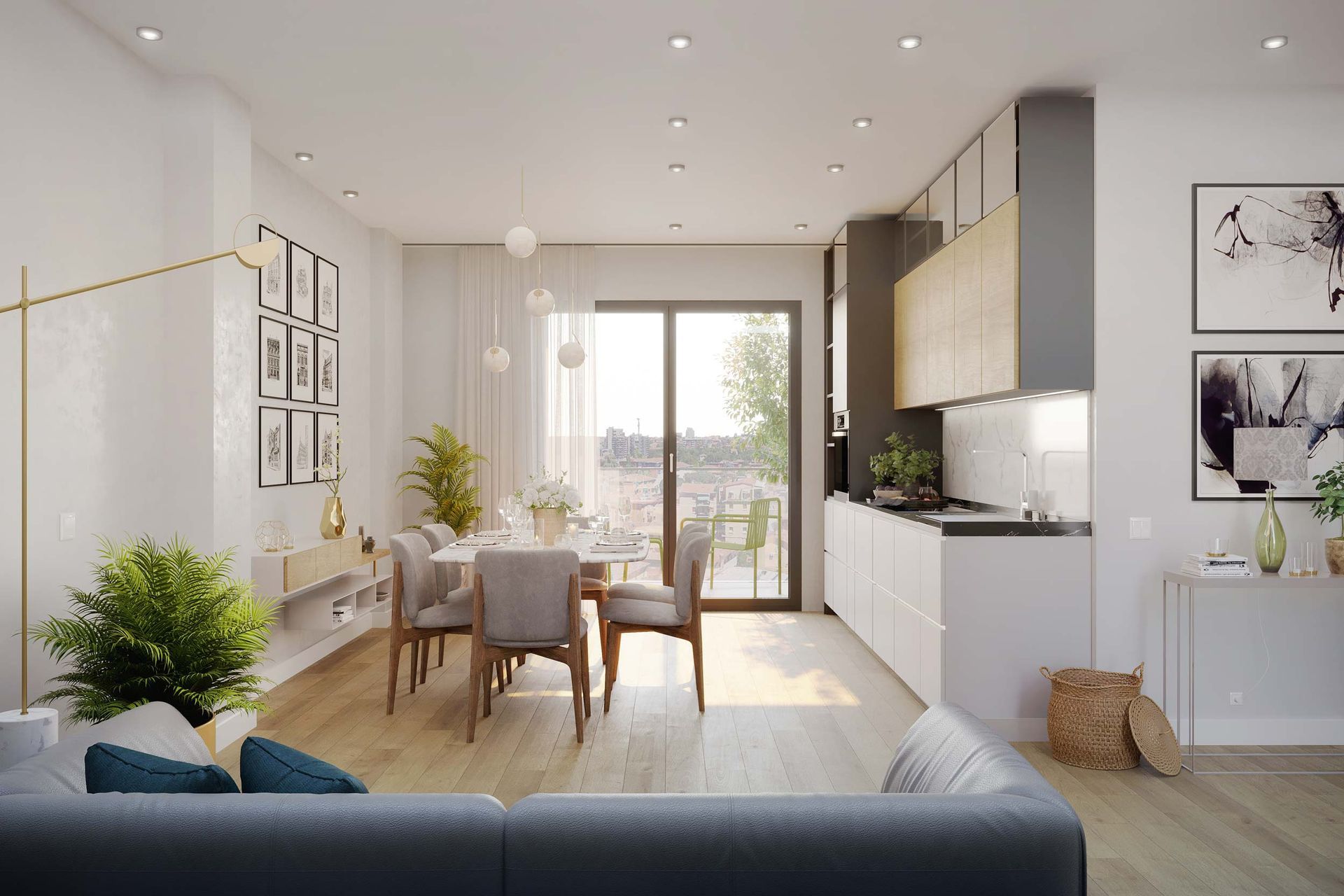 Moderno spazio abitativo open space: cucina, sala da pranzo e soggiorno con pavimenti in legno chiaro e colori neutri.