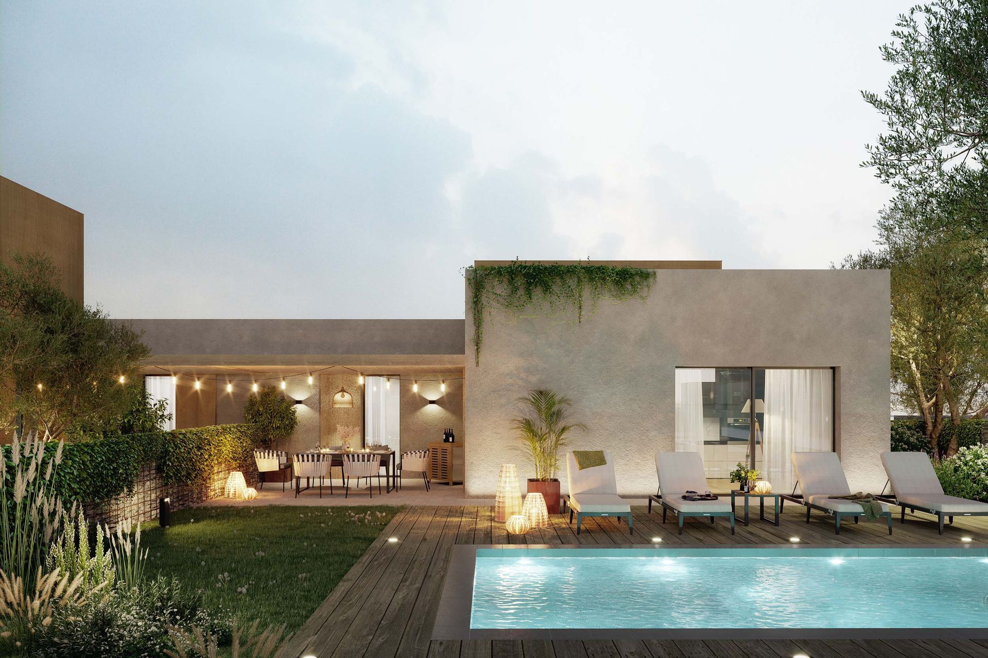 Un cortile con piscina, sedie a sdraio e zona pranzo all'aperto, illuminata al tramonto.