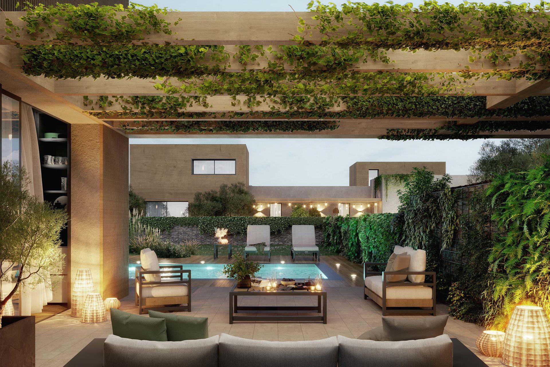 Patio con piscina, mobili da salotto, verde e travi a vista.