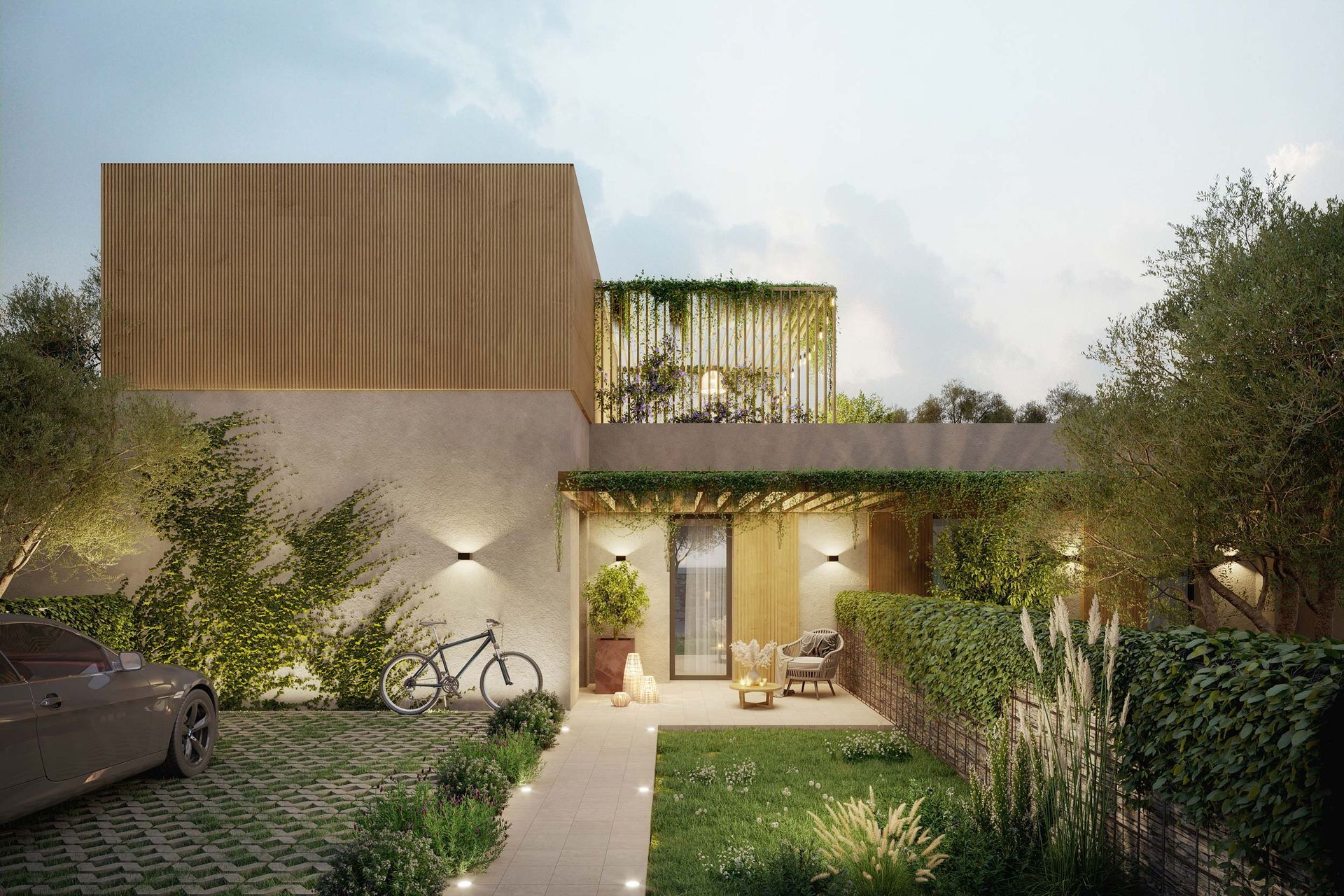 Esterno di una casa moderna con facciata in legno, giardino verde e una bicicletta.