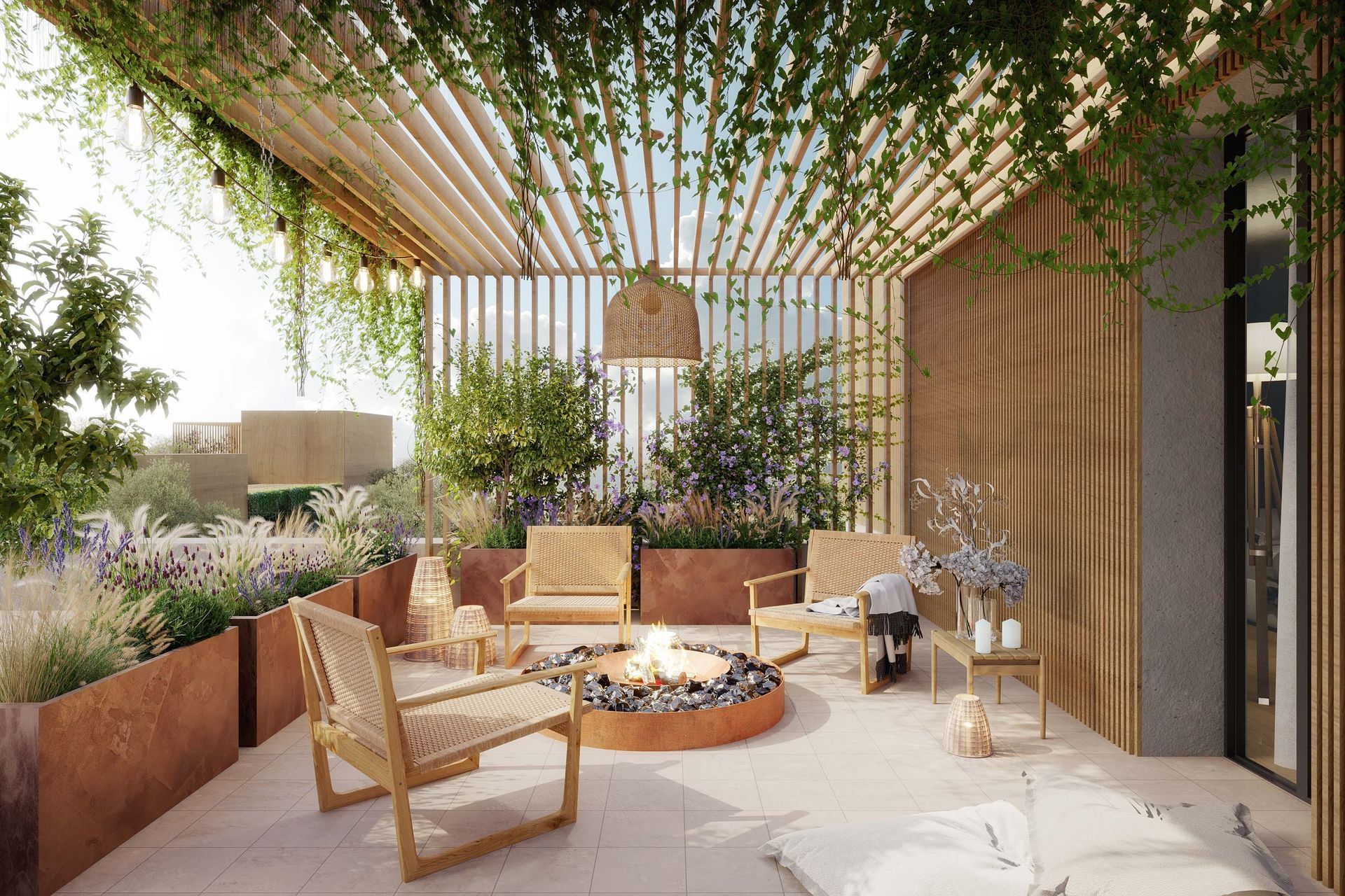 Patio esterno con posti a sedere attorno al braciere, elementi in legno e verde pensile.