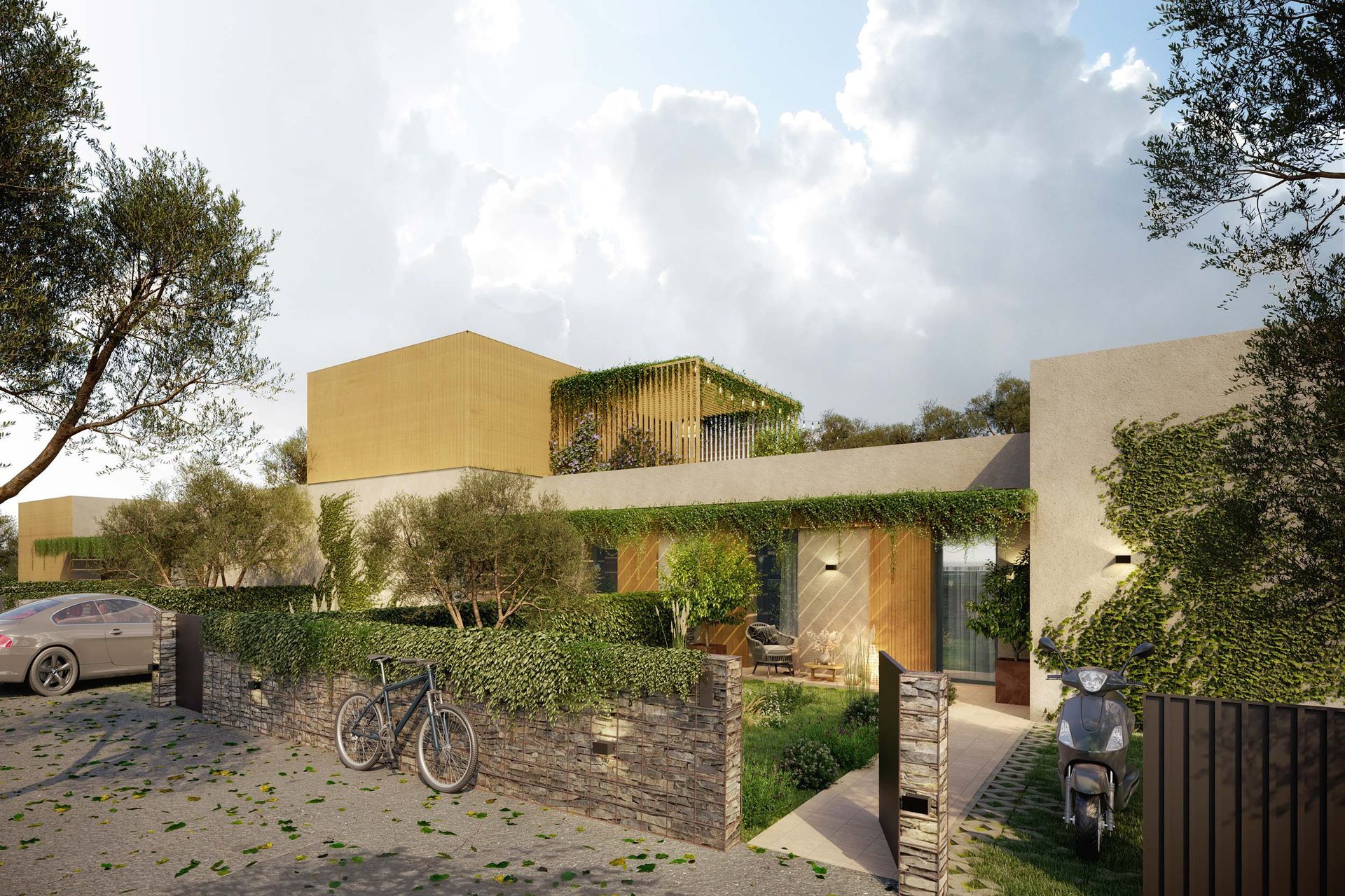 Vista esterna di una casa moderna con pareti beige, verde e un'auto e una bicicletta parcheggiate fuori.