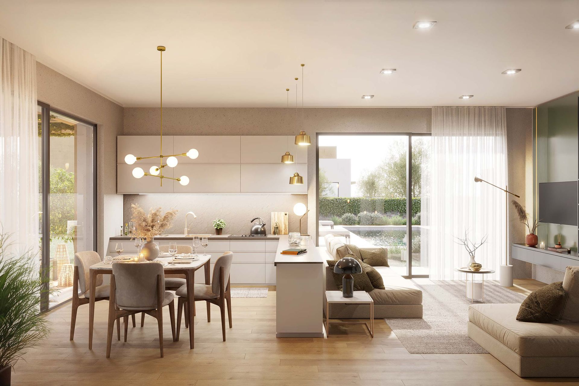 Zona giorno open space con cucina, sala da pranzo e soggiorno. Tonalità beige e legno. Ampie finestre che si affacciano su un patio esterno.