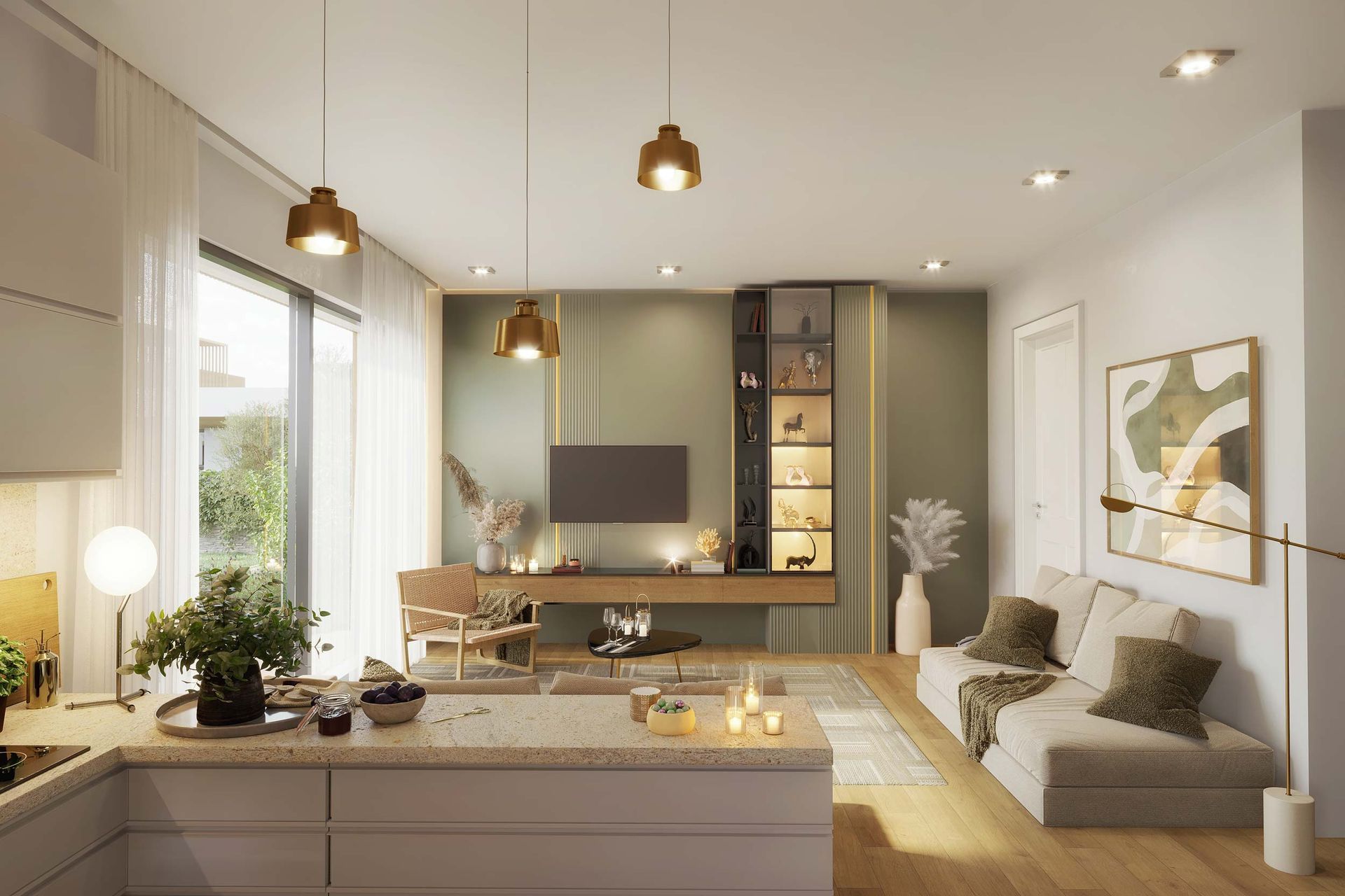 Accogliente soggiorno con divano beige, moderna isola cucina e TV a parete; luci soffuse.