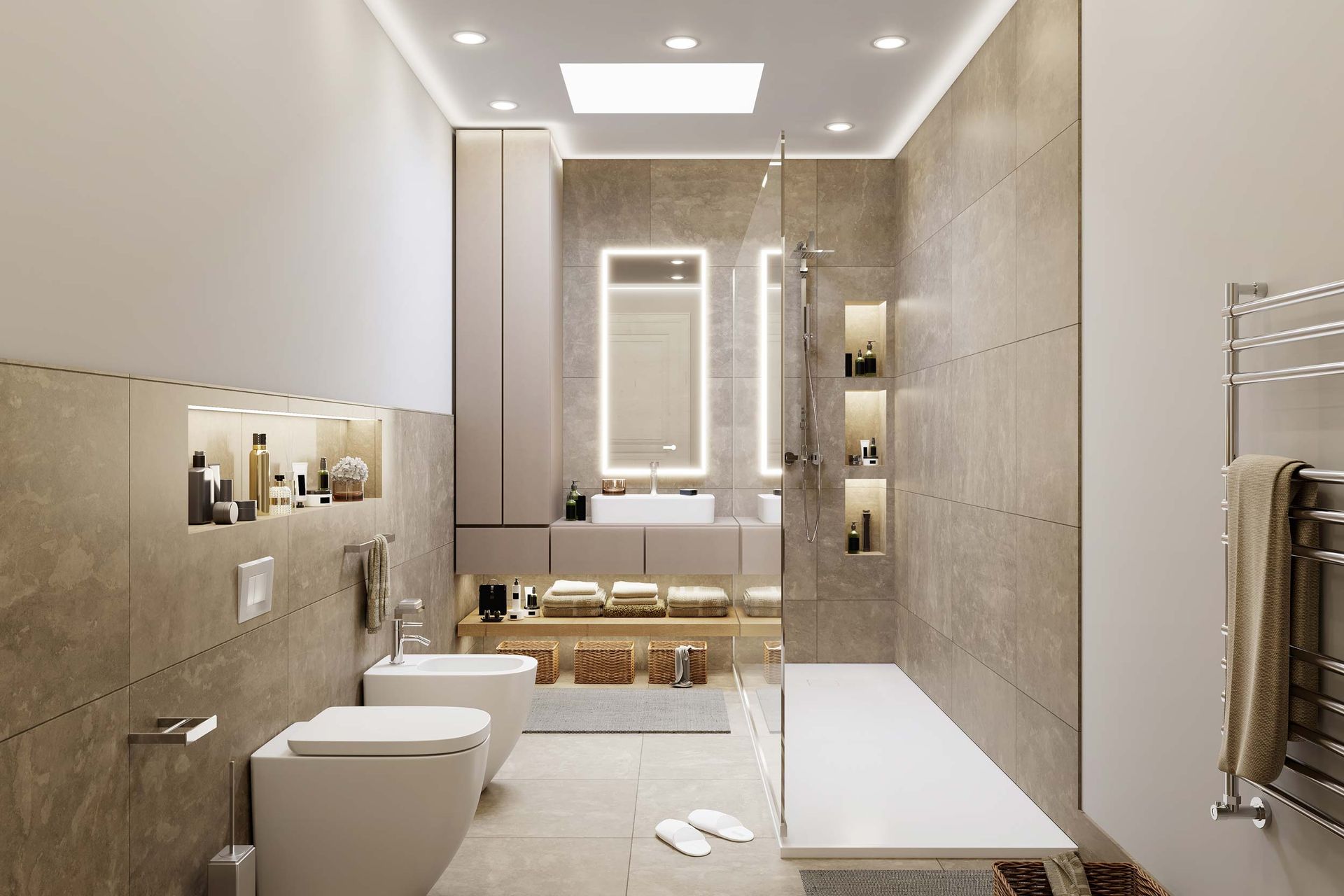 Bagno moderno con piastrelle beige, sanitari bianchi e mensole integrate.