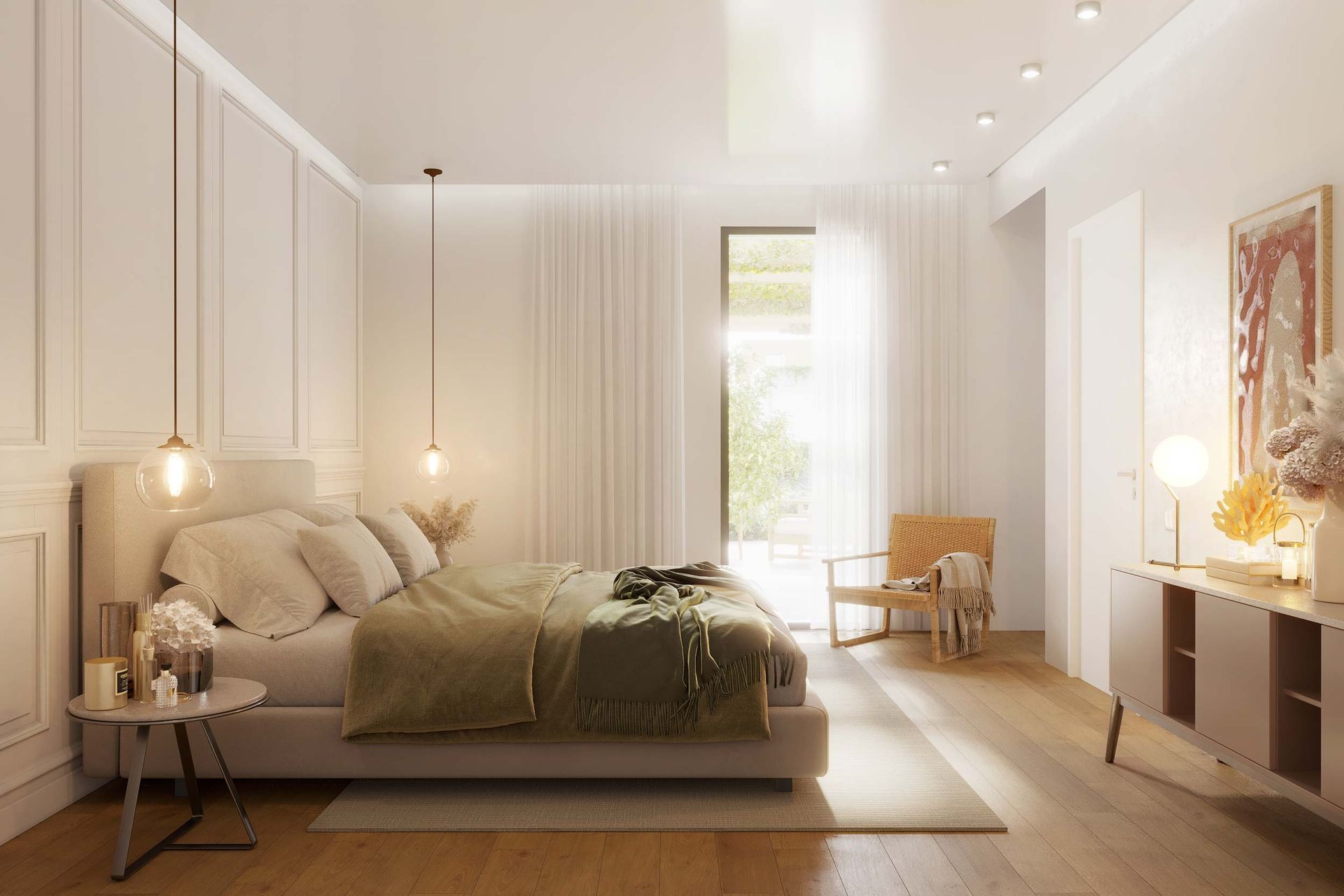 Interno della camera da letto con letto, poltrona e opere d'arte; colori neutri e luce naturale.