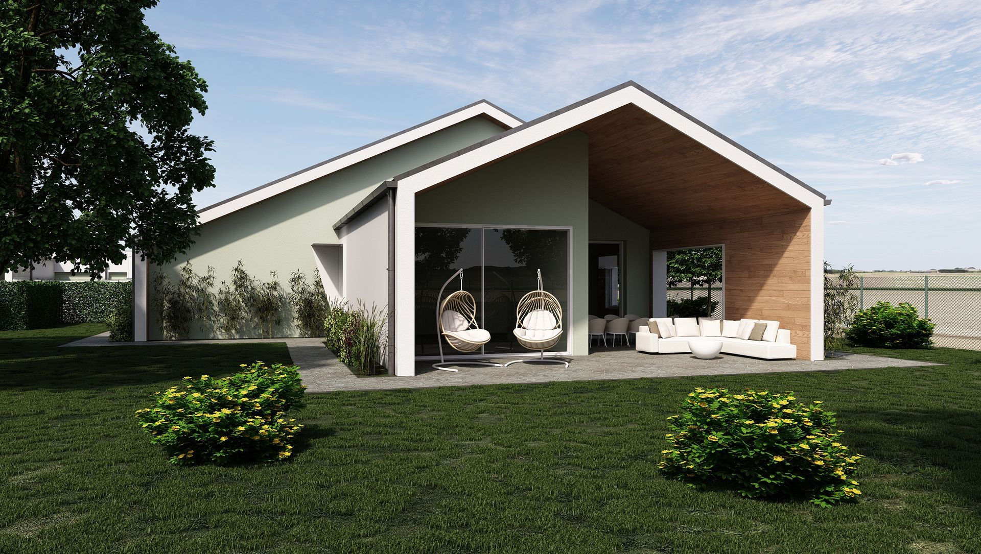 Casa moderna con patio aperto, sedie sospese e posti a sedere all'aperto su un prato erboso sotto un cielo azzurro.