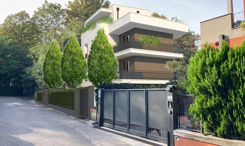 Moderno edificio di tre piani con ingresso recintato e giardino ben curato.