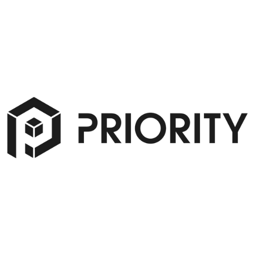 The priority logo is black and white and looks like a cube.