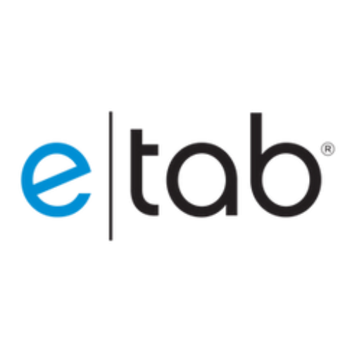 A blue and black logo for e tab