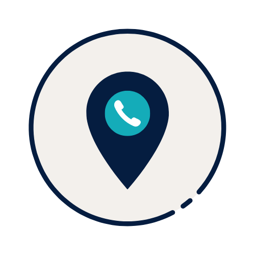 A map pin with a phone icon inside of it.