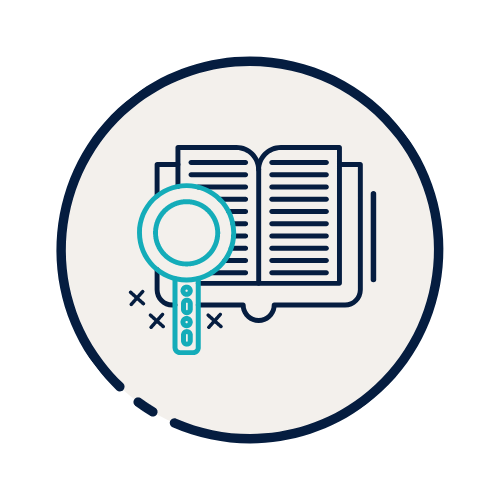 A magnifying glass is looking at a book in a circle.