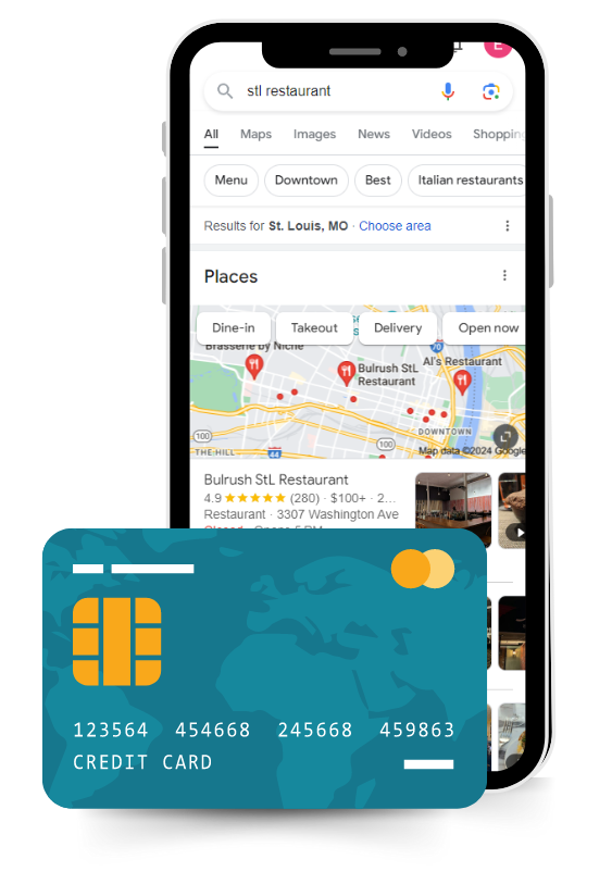 A credit card is sitting next to a cell phone.