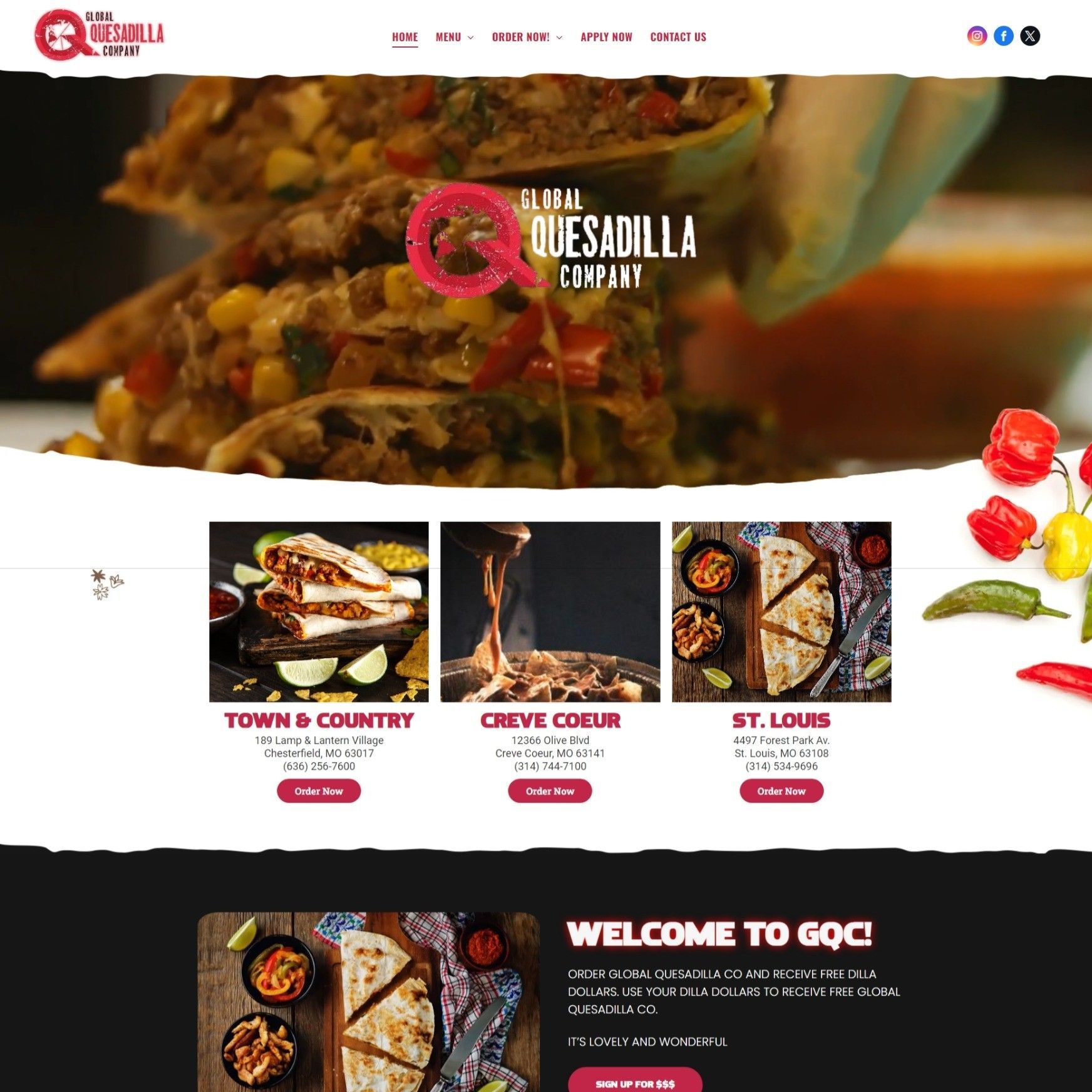 A screenshot of the website for the global quesadilla company.