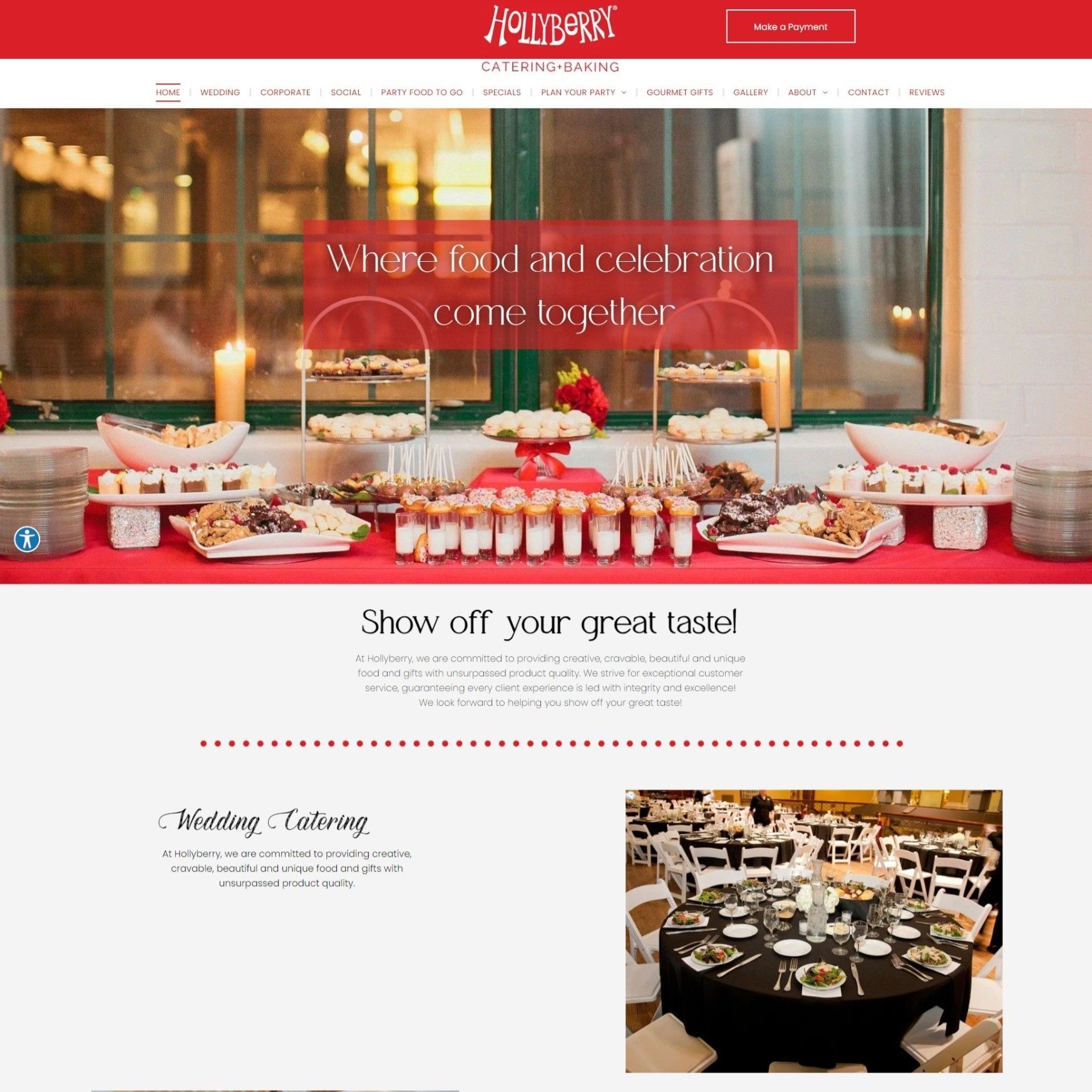 A screenshot of a website for a catering company