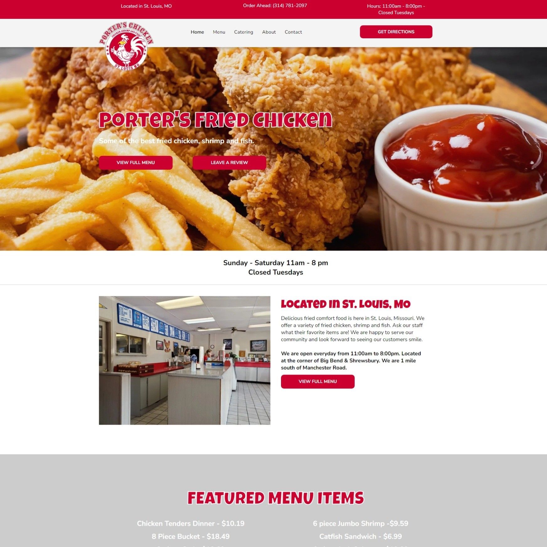The website for porter 's fried chicken shows a picture of fried chicken and french fries.