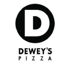 A black and white logo for a pizza restaurant called dewey 's pizza.