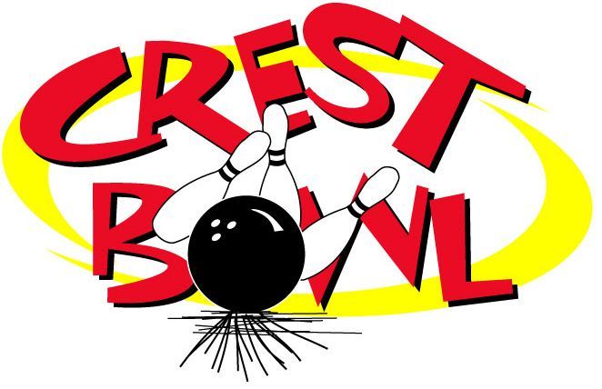 A crest bowl logo with a bowling ball and pins