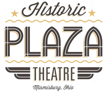 Logo for the Historic Plaza Theatre in Miamisburg, Ohio, featuring bold, layered text with stars and decorative lines.