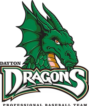 Logo for the Dayton Dragons baseball team featuring a green dragon head above stylized team text.