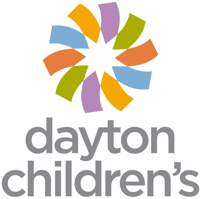 The Dayton Children’s hospital logo, featuring a colorful pinwheel icon above the gray text 