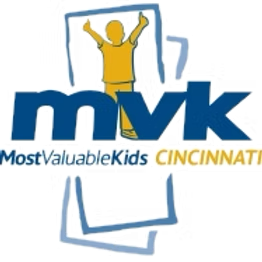 Logo for Most Valuable Kids Cincinnati featuring a yellow silhouette of a child reaching upward against blue shapes.
