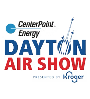 Logo for the CenterPoint Energy Dayton Air Show, presented by Kroger, featuring an airplane icon flying over the text.