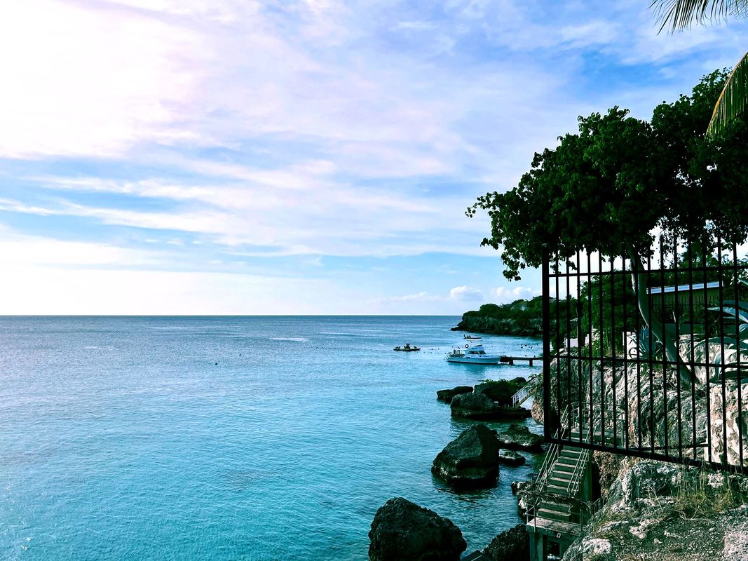 A fence surrounds a body of water with a boat in the distance