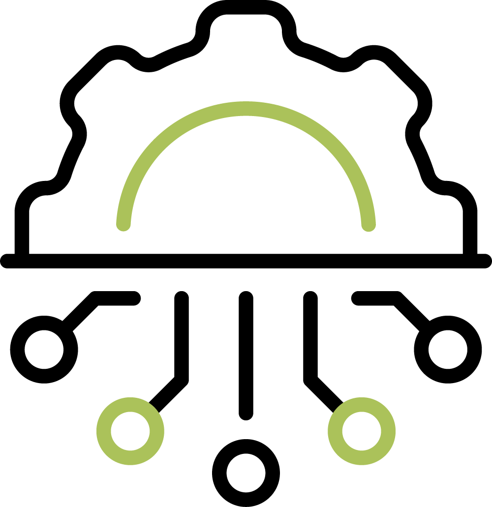 Tandwielpictogram met groene boog en digitaal circuit, dat technologie en instellingen vertegenwoordigt.