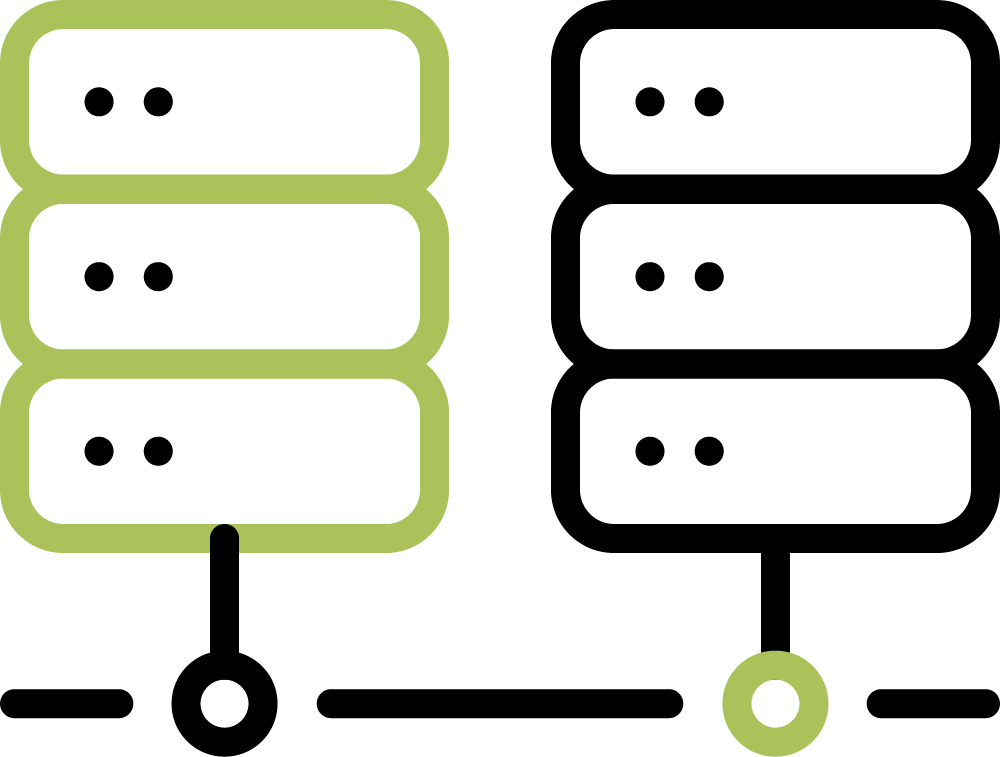 Twee serverstapels, één met een groene en één met een zwarte rand, verbonden door een lijn.