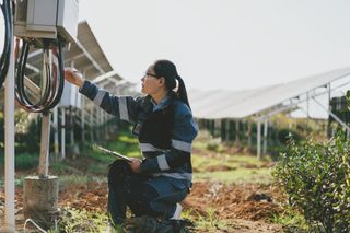 Woman Checking The Solar Panel — Jonesboro, AR — Anderson Engineering Consultants Inc