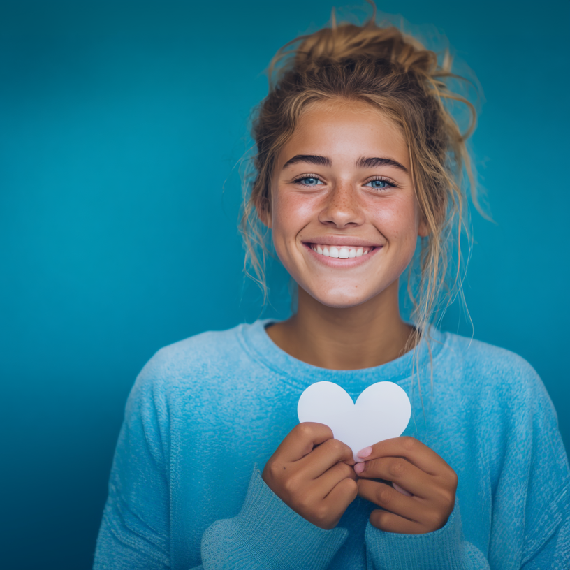 Woman smiling, holding a white heart against a blue backdrop.